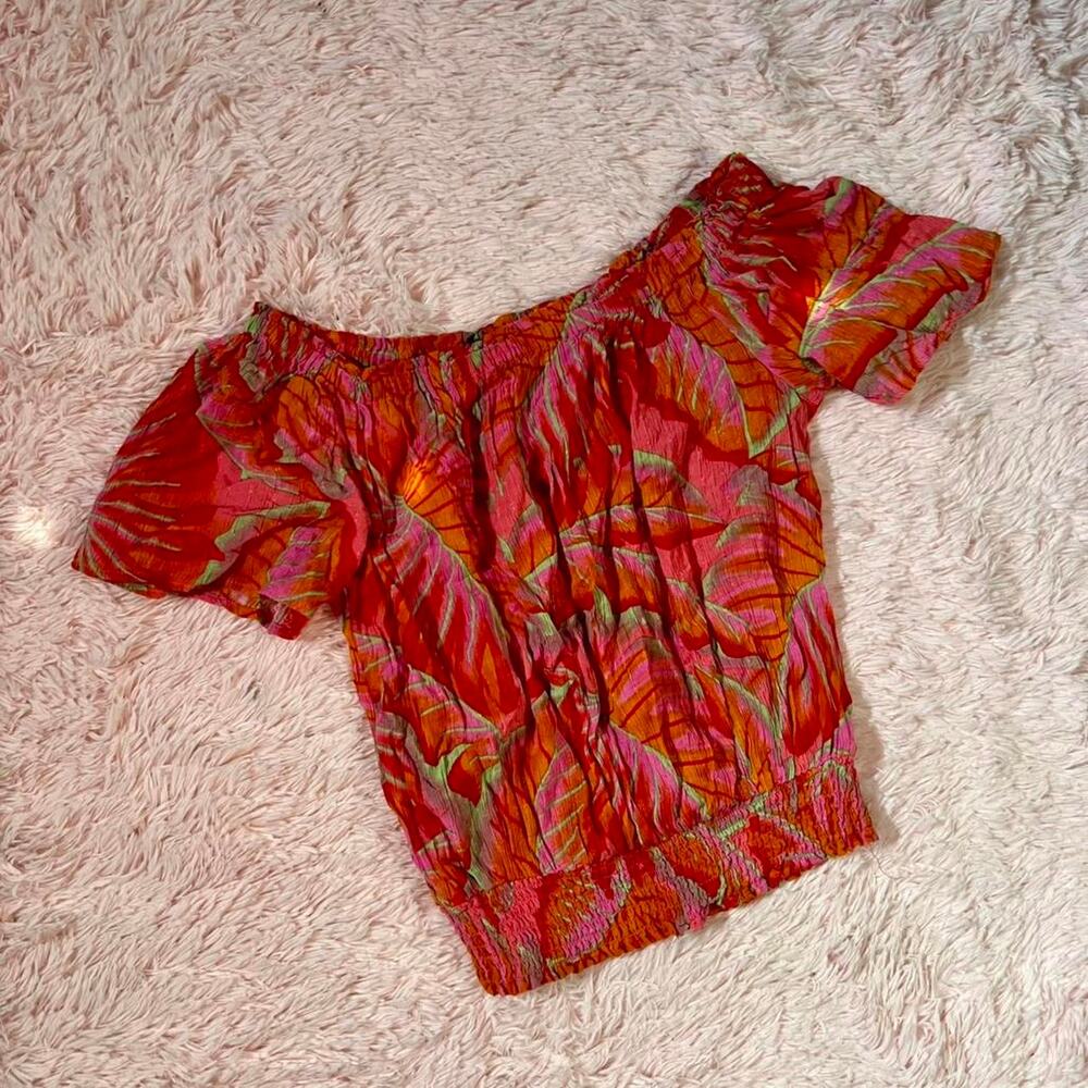 Cynthia Rowley Tropical Vacation Bright Vivid Summer Smocked Off Shoulder‎ Top